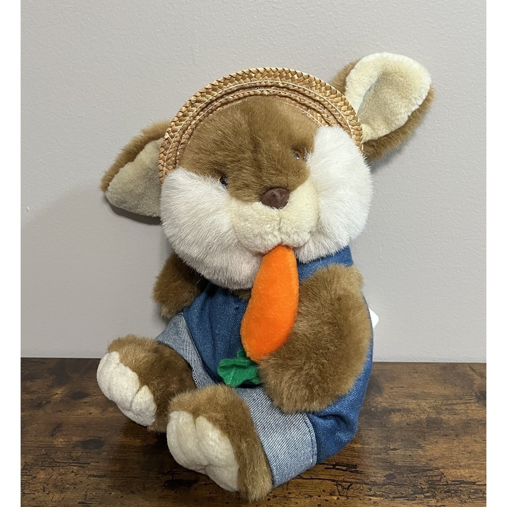 Vtg Kids of America Corp Brown Bunny Rabbit 10" Plush With Straw Hat And Carrot